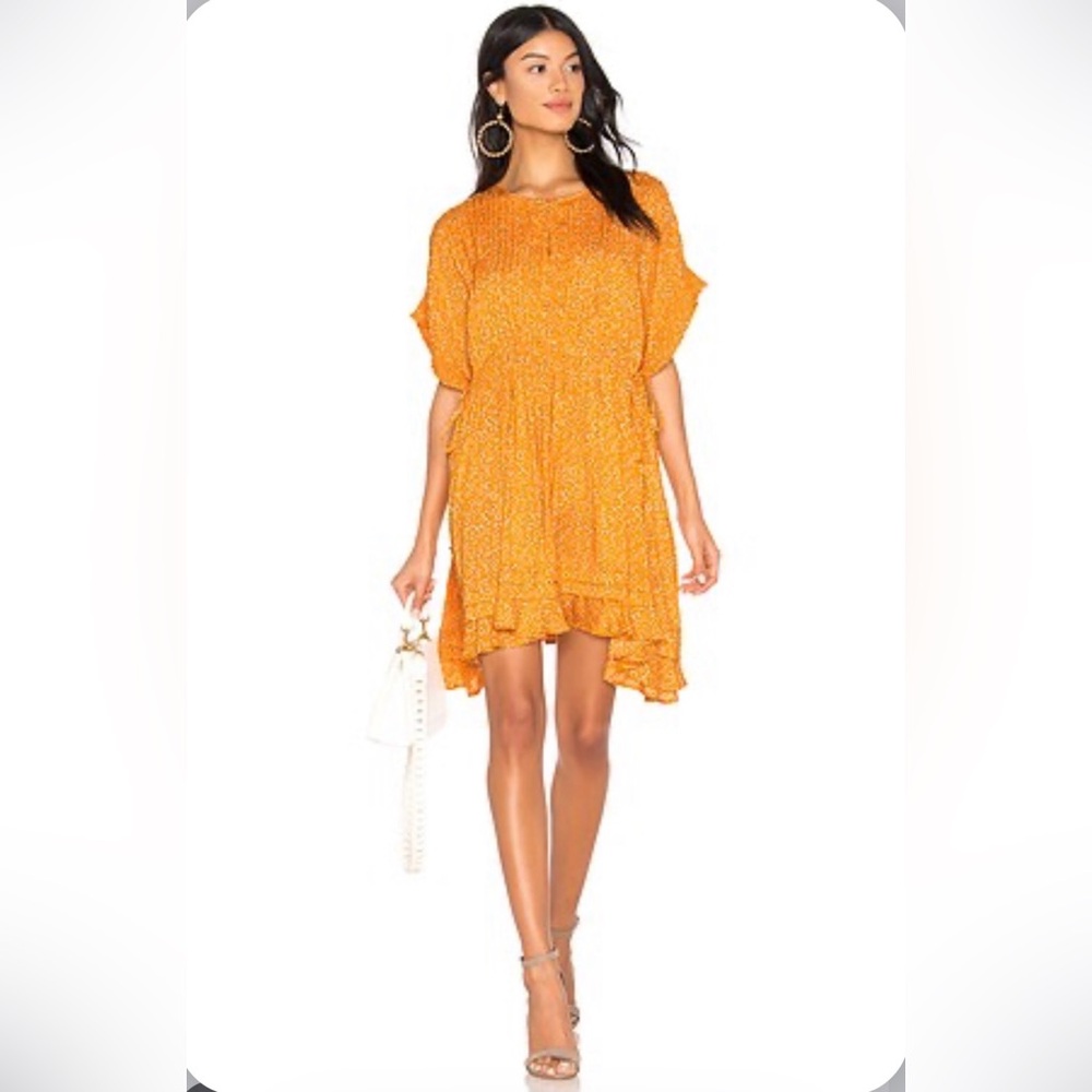 Free People One Fine Day Yellow Orange Floral Mini Dress Sz Medium Button Pleat